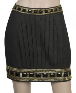 A twist on a traditional grey wool skirt! With the jewl and sequin trim around the waist it really glams it up!!! $39 available at Twelve by Twelve.com